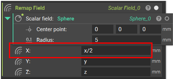 The Remap Field block with a sphere block inserted in the Scalar Field input. The X input contains the equation x/2, y contains y, and z contains z.