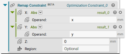 The Remap Constraint block with an Abs block in its X input, an Abs block in its y input, and a 0 in its Z input. The Abs in the x input has an x in its Operand input. The Abs in the Y input has a y in its Operand input.