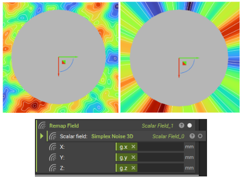 The noise field (left) is remapped to the field (right) with a constant value in the surface in the normal direction of the cylinder