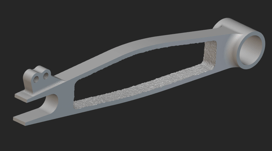 A gif showing how the swingarm is optimized using the Remap Constraint block in Topology Optimization.