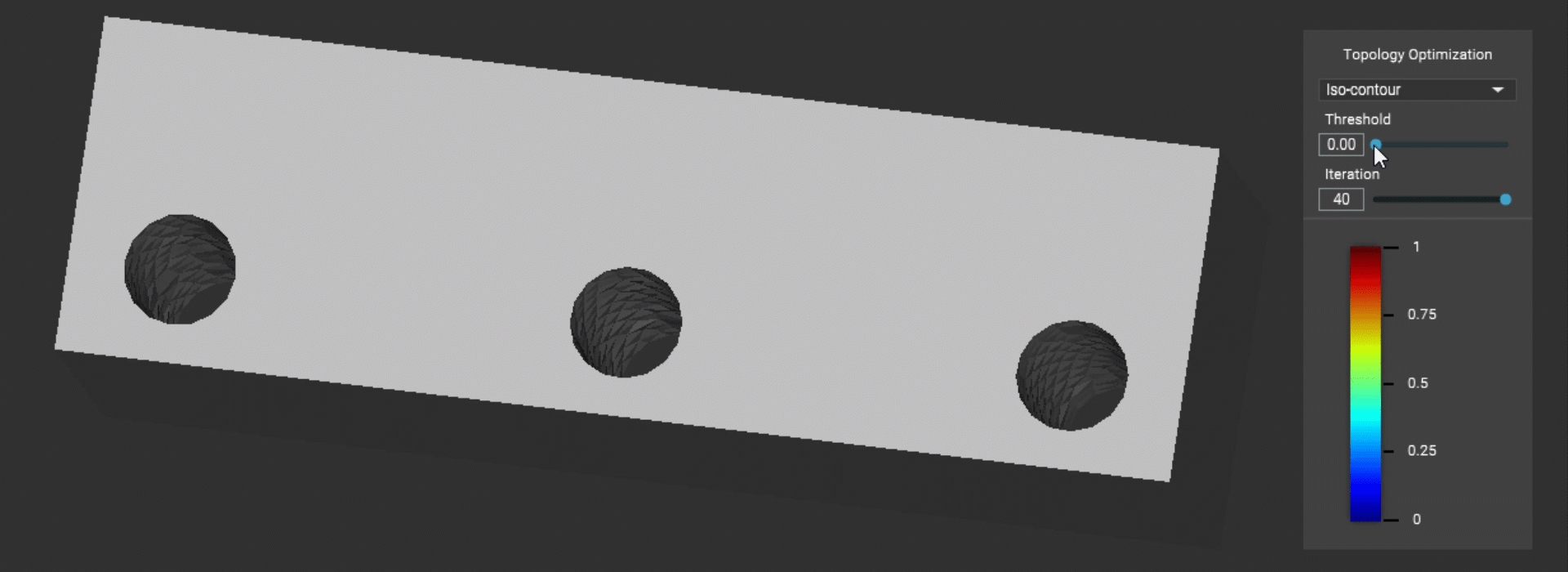 A gif showing the Topology Optimization result. The gif shows how the body changes as the Threshold slider value is adjusted. The HUD view option is set to Iso-contour.