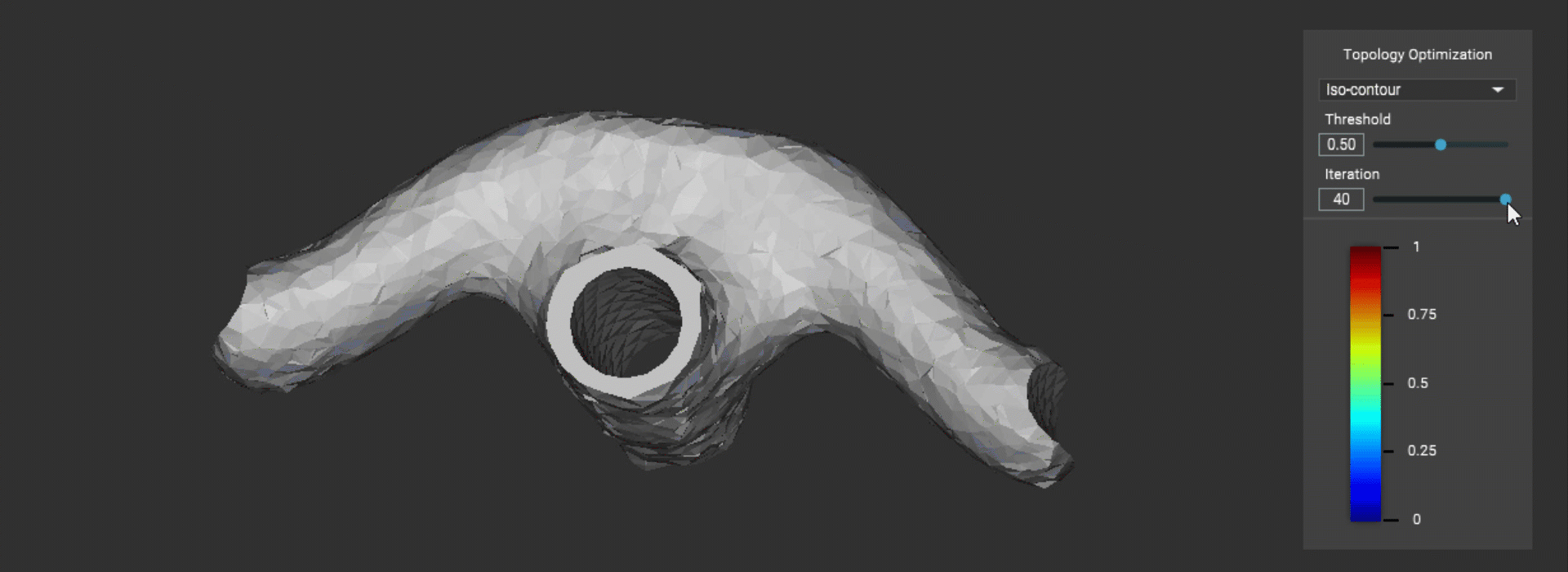 A gif showing the Topology Optimization result. The gif shows how the body changes as the Iteration slider value is adjusted. The HUD view option is set to Iso-contour elements.