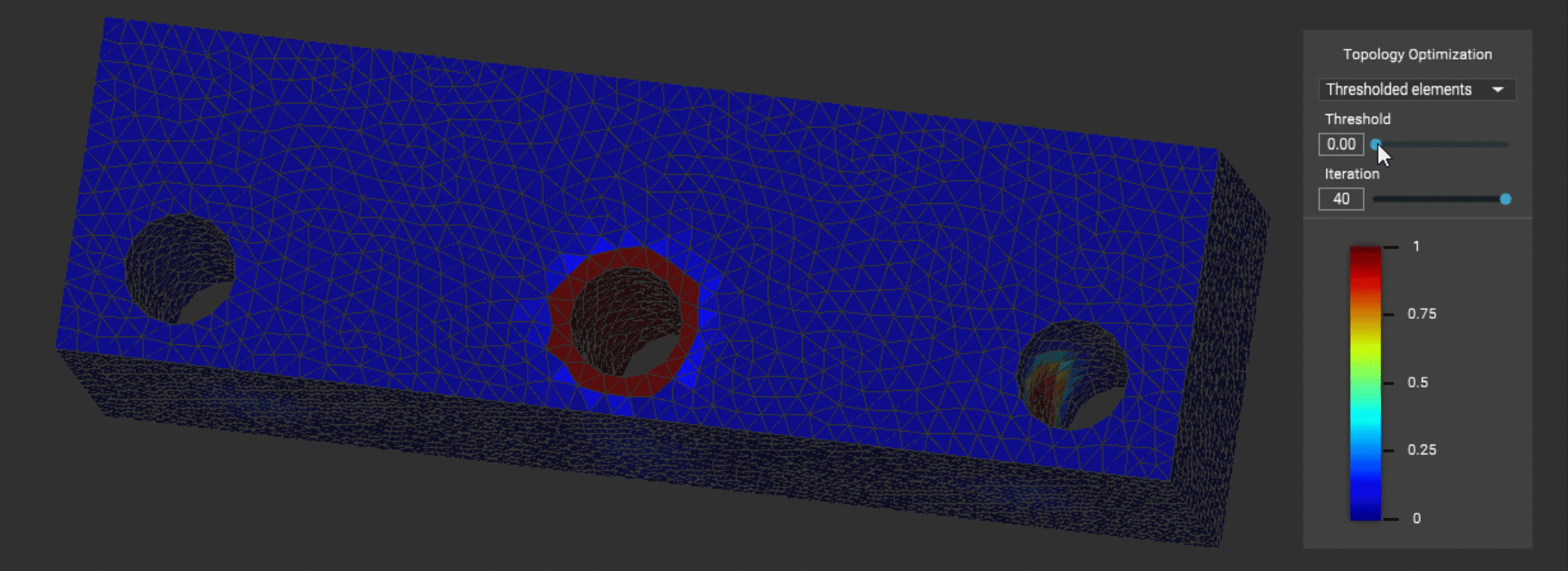A gif showing the Topology Optimization result. The gif shows how the body changes as the Threshold slider value is adjusted. The HUD view option is set to Thresholded elements.