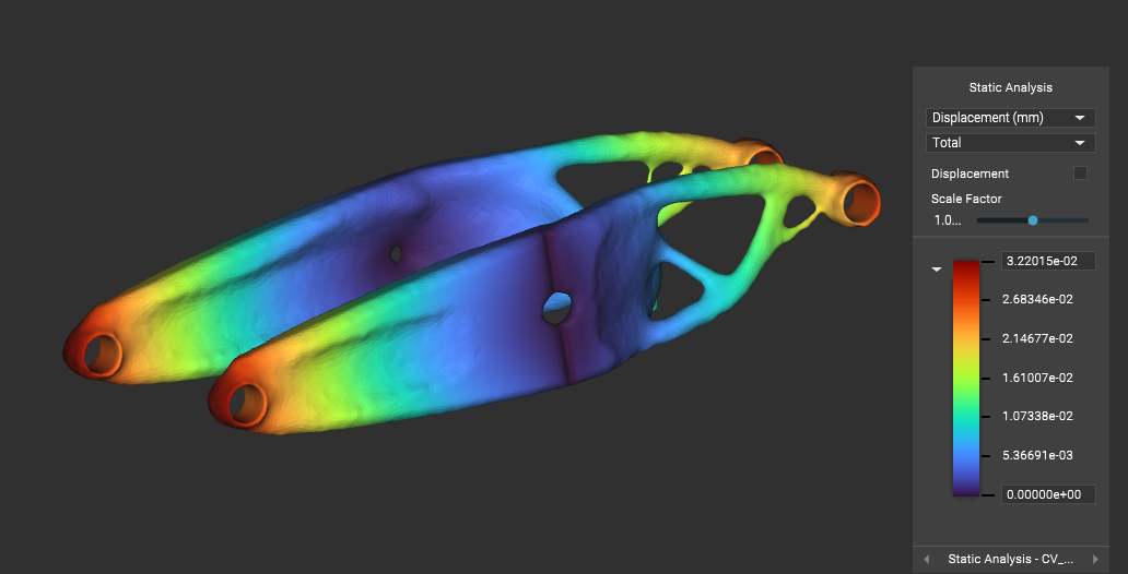 A body generated from Topology Optimization. The body has been used in a Static Analysis and the results are visualized.
