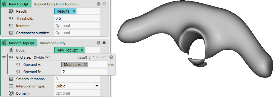 The resulting Topology Optimization body is converted to an implicit body. A Smoothen Body block is used to smoothen the result. This body is shown next to the notebook blocks.