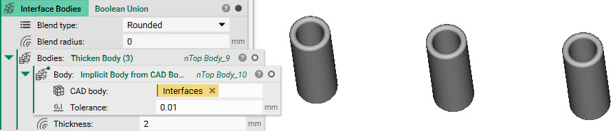 The CAD Faces of the 3 holes from the original CAD part, are converted to implicit bodies. A Thicken Body block is used to thicken the walls. A Boolean Union block is used to merge them into a single implicit body.