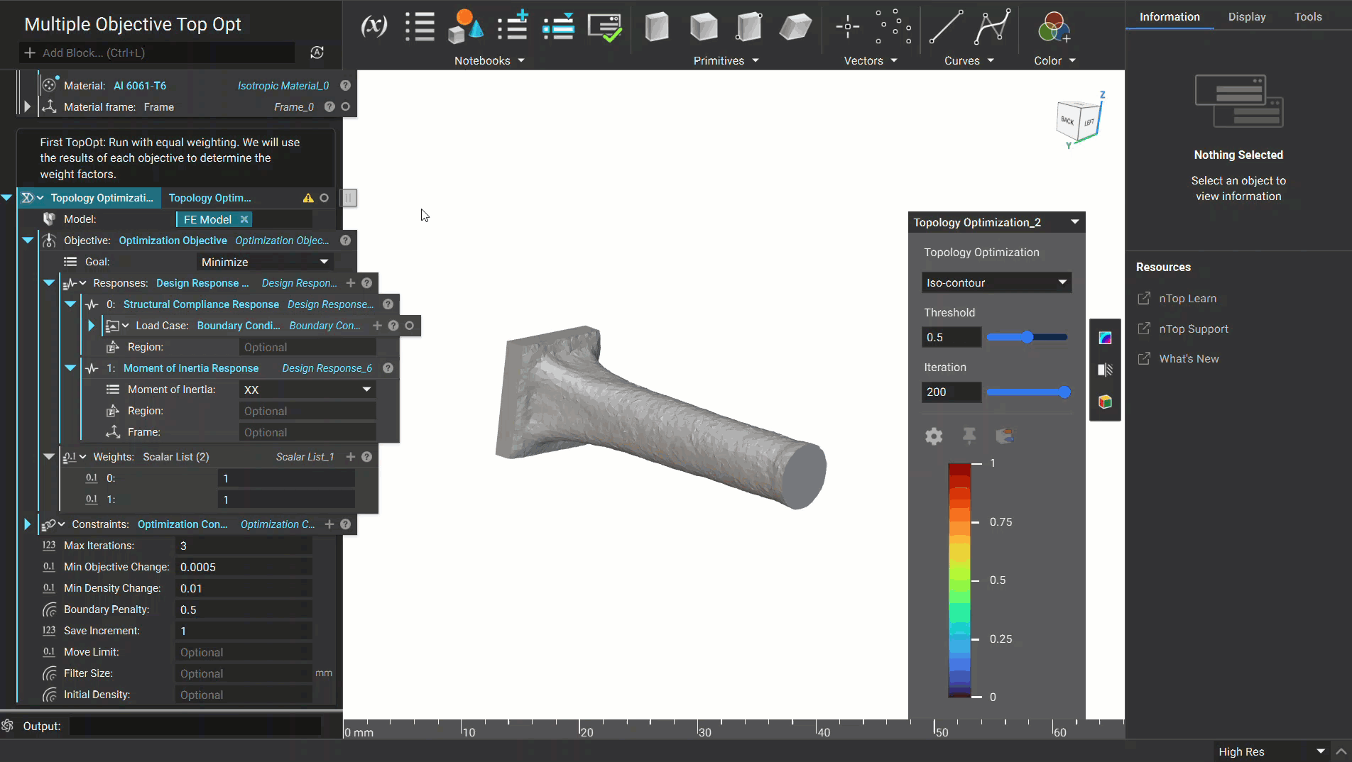 The gif demonstrates how to view the plot of data for each of the Topology Optimization objectives.