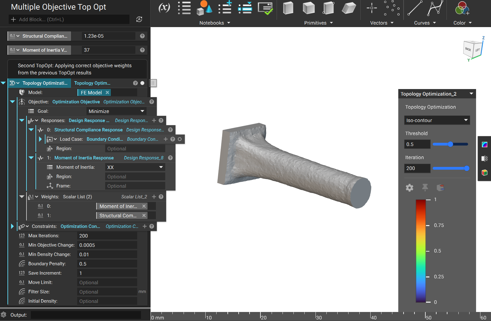 The same Topology Optimization setup as previous, but the weight values of the Design Responses have been changed to created a more balanced Topology Optimization result.