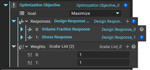 An Optimization Objective block with a Volume Fraction Response and a Stress Response. The Volume Fraction has a weight of 1 and the Stress Response has a weight of 1. This means both responses have equal weighting on the result.