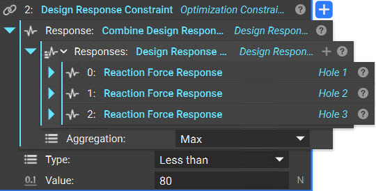 A design response constraint block populated with a Combine Design Responses block. This block combines three defined reaction force response blocks. The Aggregation input is set to Max for the Combine Design Responses block. The Type input is set to Less Than and the Value is set to 80N for the Design Response Constraint.