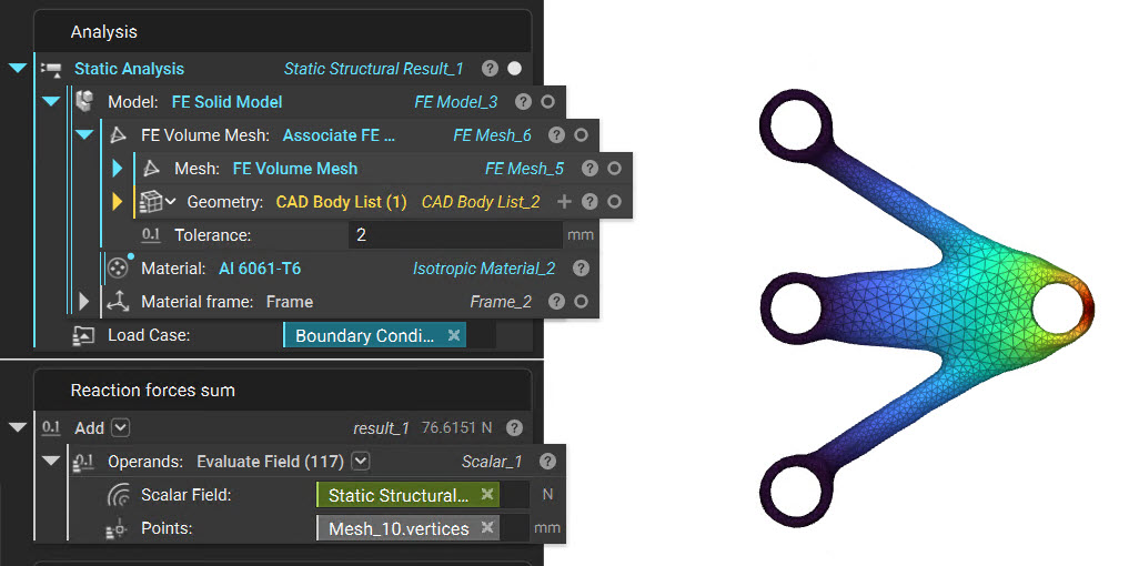 The Topology Optimization resulting body is then used to create a new FE Solid Model. A Static Analysis is then ran on the model. Finally, using an Evaluate Field block on the vertices of the mesh used to create the FE Solid Model, and the Static Analysis reaction forces, we can evaluate the forces at each vertex. Inserting the Evaluate Field scalar list into an Add block gives us the sum of the Reaction Forces. The sum is less than 80N as was defined previously.