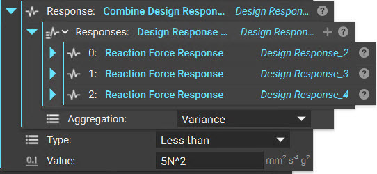 A Combine Design Responses block populated with 3 Reaction Force Response blocks.