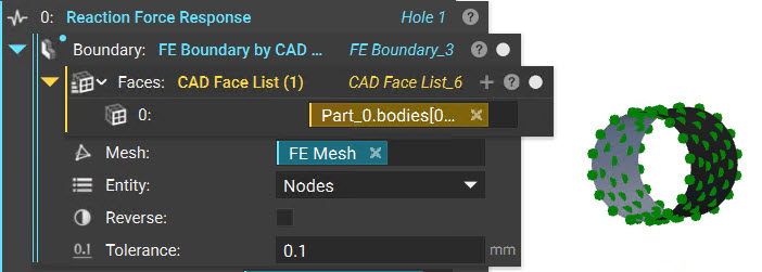 A reaction force response block populated with a defined CAD face.