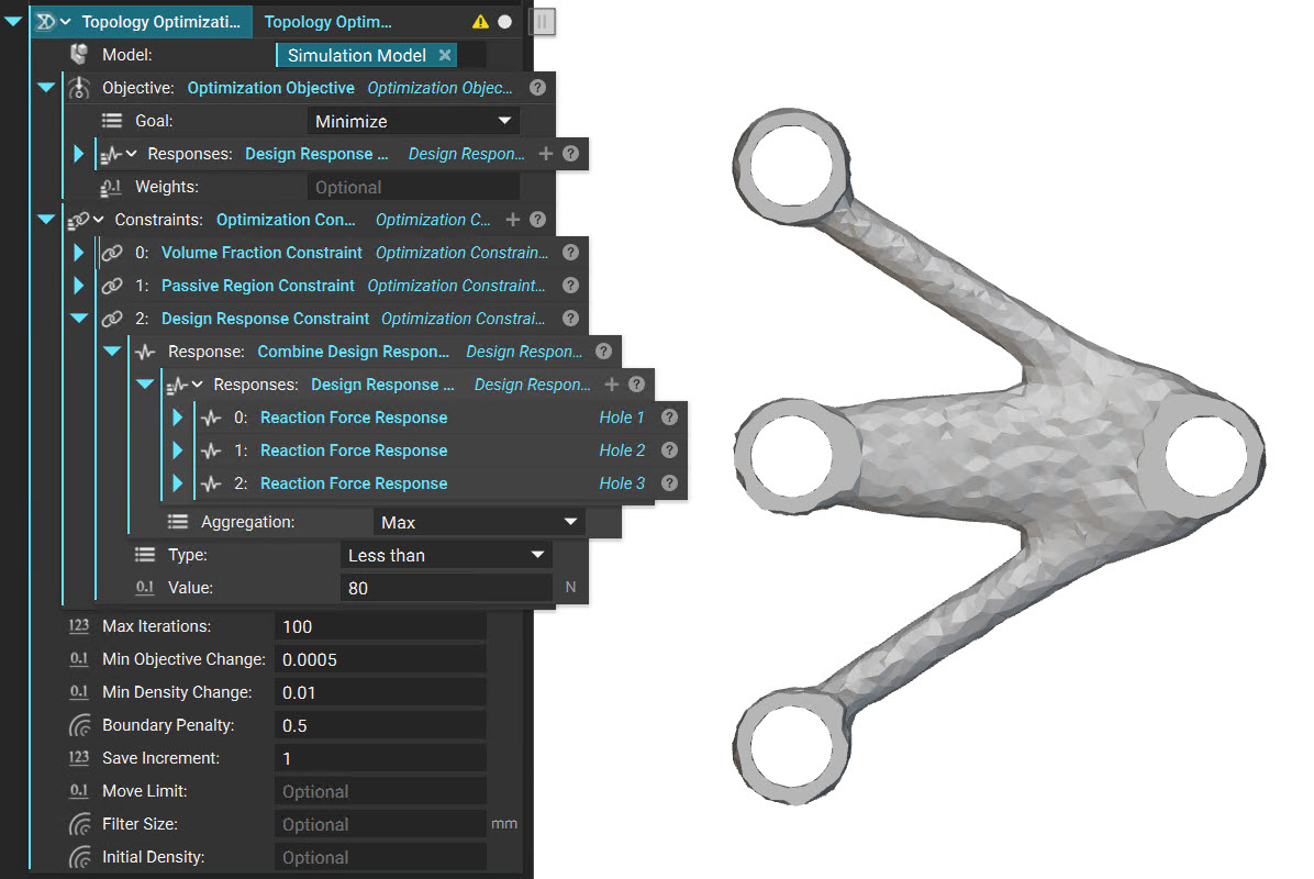 The completed Topology Optimization of the Simulation Model with applied Reaction Force Responses.