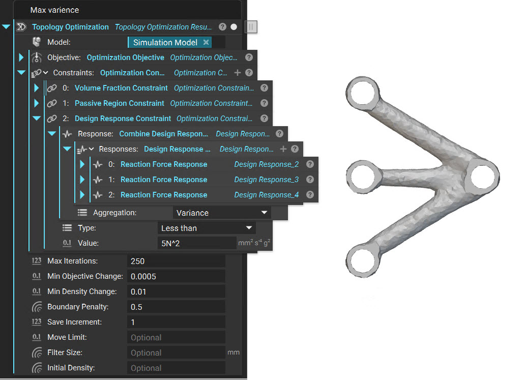 The completed Topology Optimization of the Simulation Model with applied Reaction Force Responses.