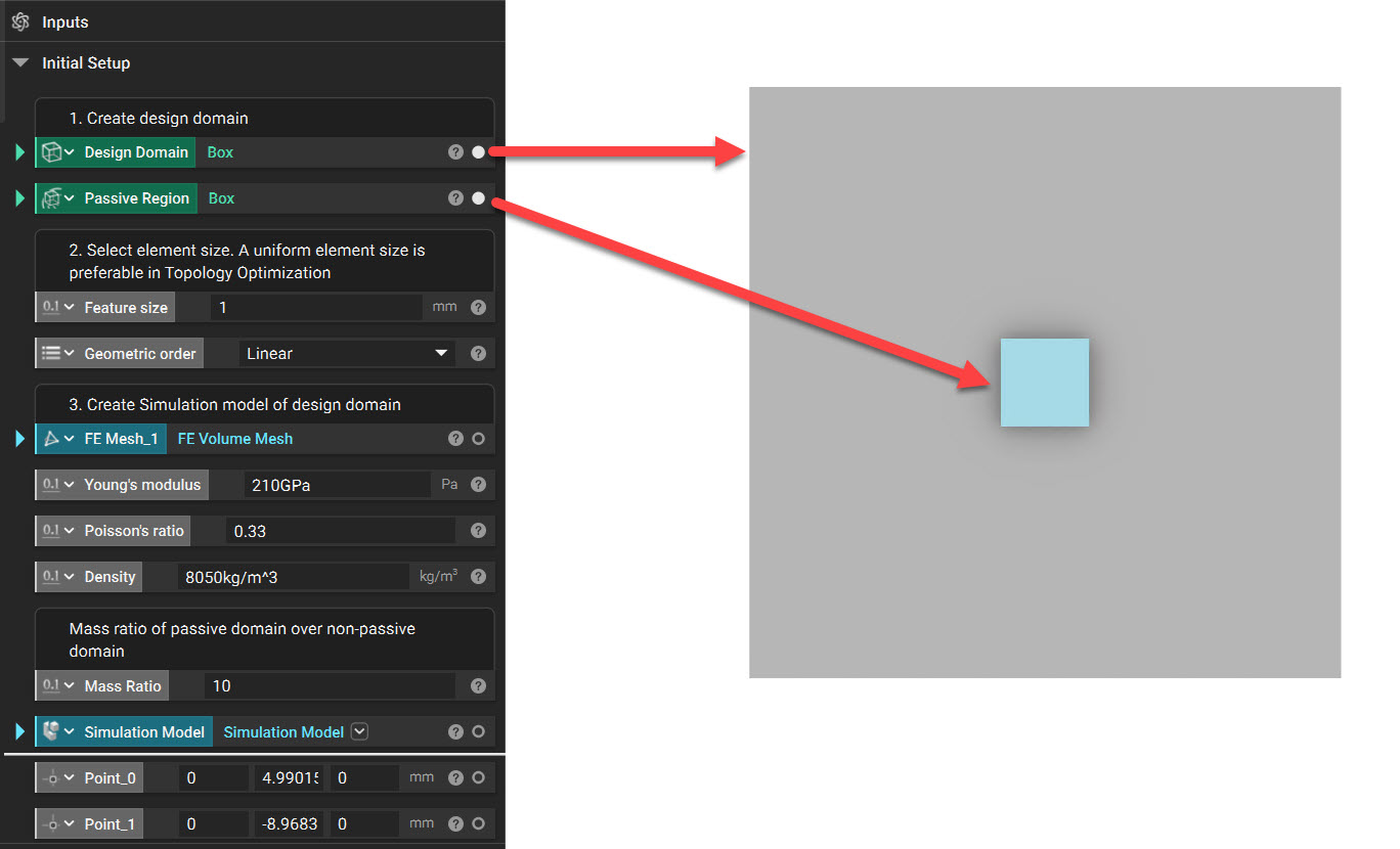 Creating the design domain for the analysis and using a small box as the passive region.