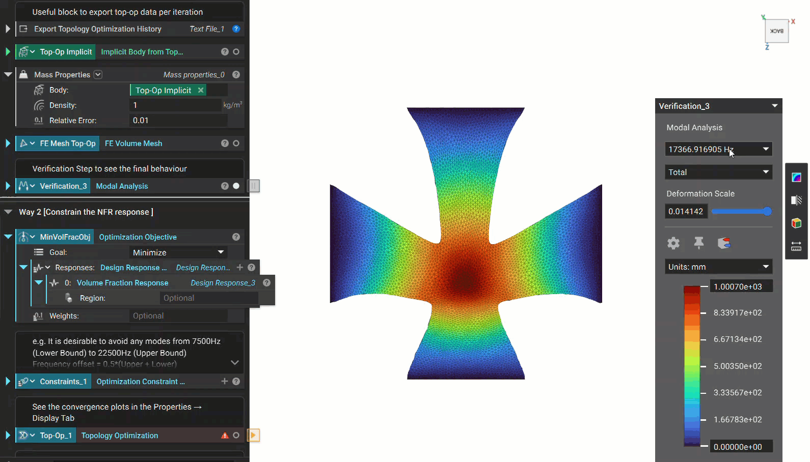 Viewing the results of a Modal Analysis that was run using the same inputs as the Topology Optimization.