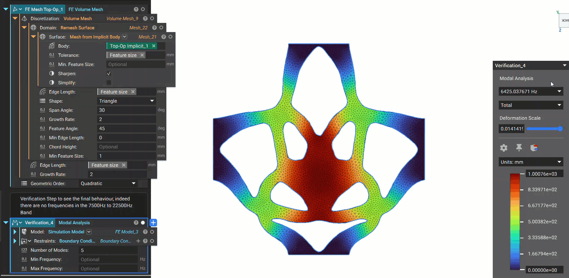 A modal analysis run using the same inputs as the Topology Optimization run for minimizing natural frequency.