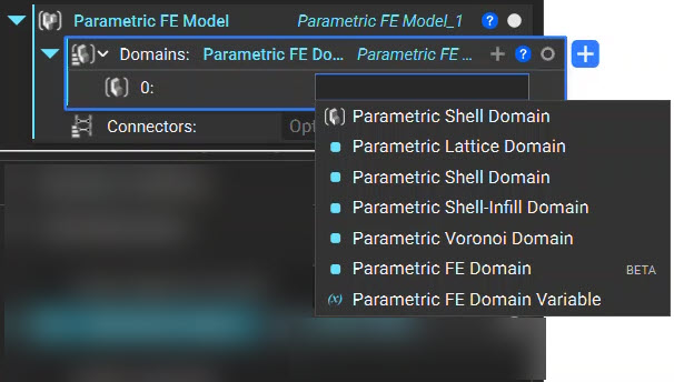 The Parametric FE Model block showing the available block options for its Parametric FE Domain input.