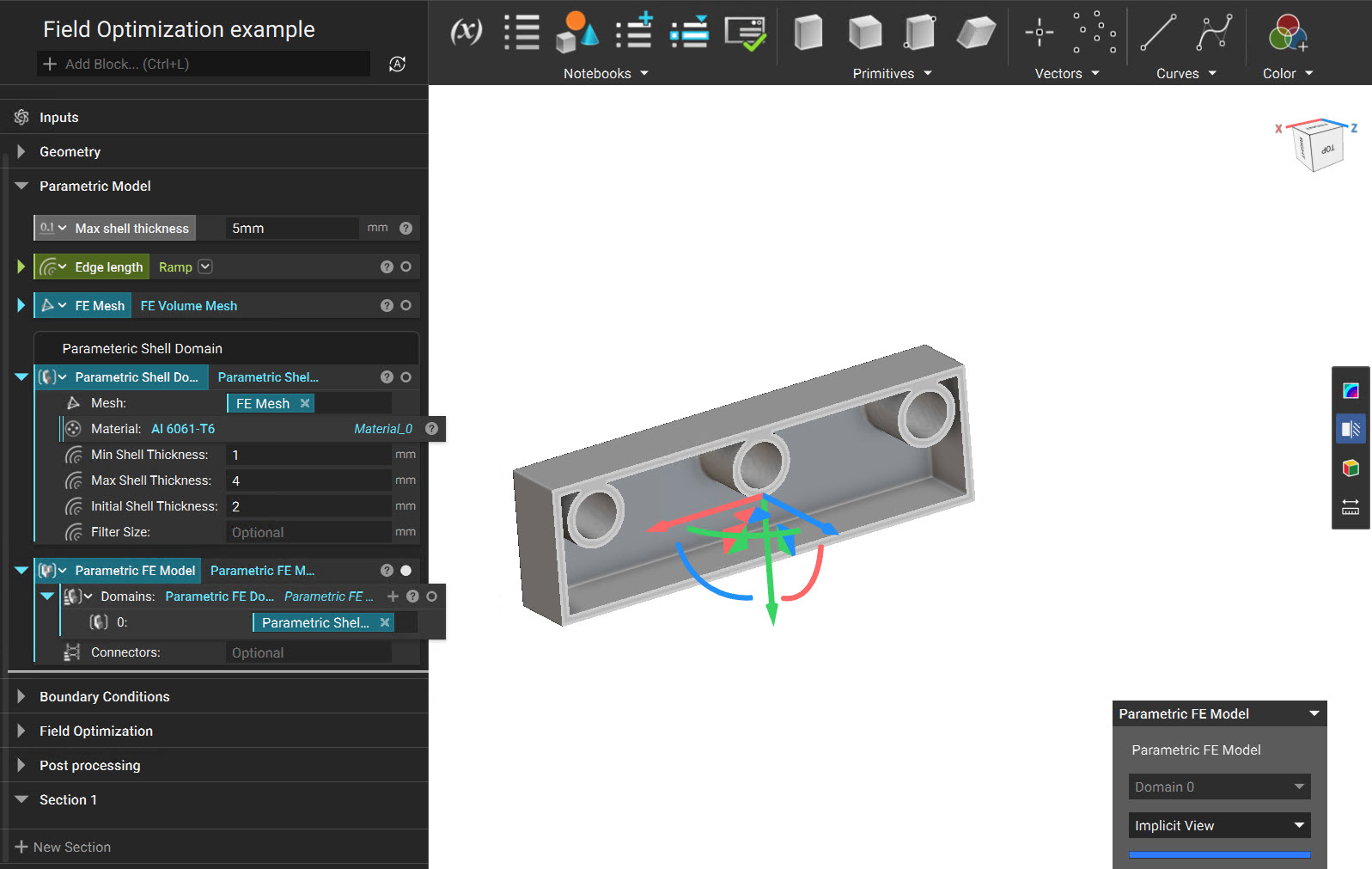 A section cut view of a Parametric FE Model. The view type is set to Implicit.