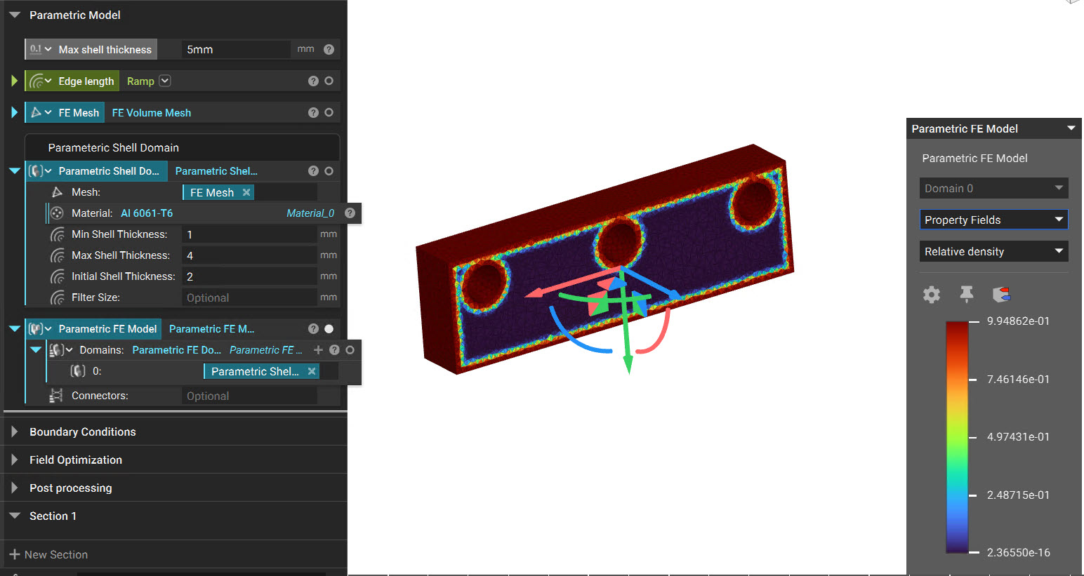A section cut view of a Parametric FE Model. The view type is set to Property Fields.