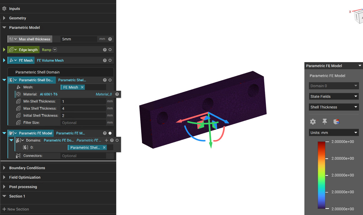 A section cut view of a Parametric FE Model. The view type is set to State Fields.