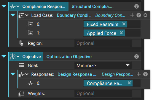 Two nTop blocks are shown in the image. A Structural Compliance Response block that contains two Boundary Conditions. The second block is an Optimization Objective block with the Structural Compliance Response populated in its Responses input.