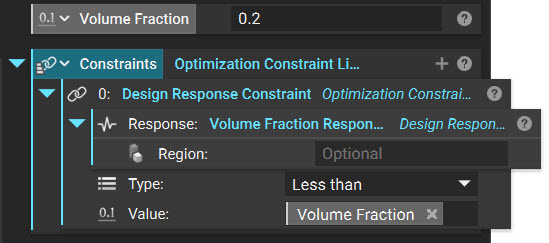 A volume fraction scalar variable with the value set to 0.2. The variable has been inserted into the value input of a Design Response Constraint block.