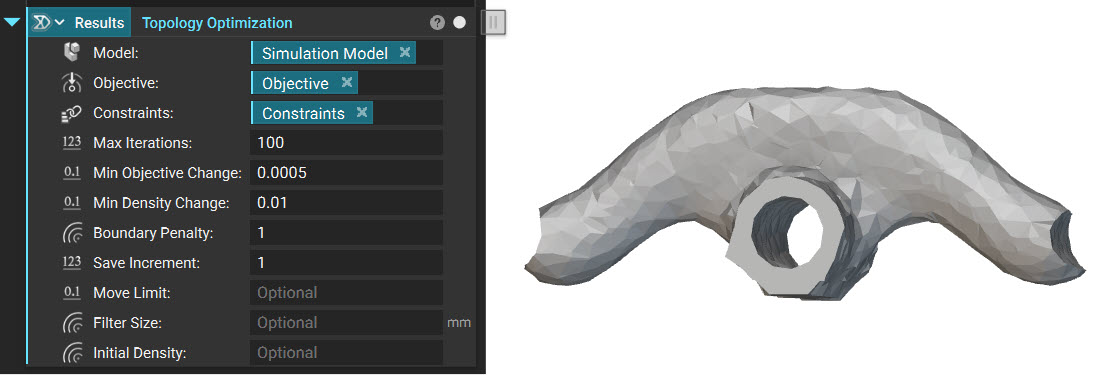 A Topology Optimization block with the resulting body shown next to it after running the simulation.