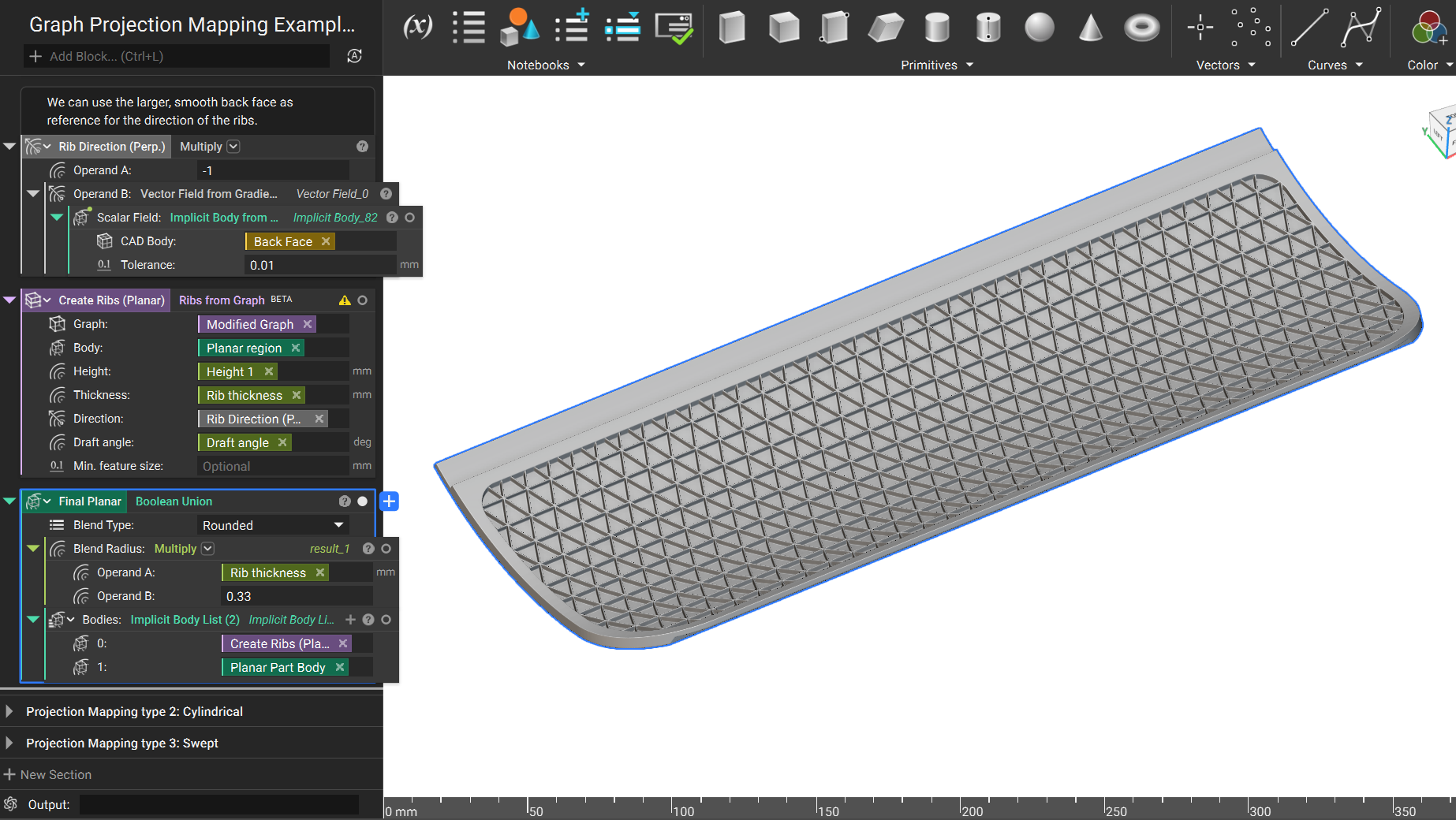A boolean union block is used to combine the implicit body with the ribs.