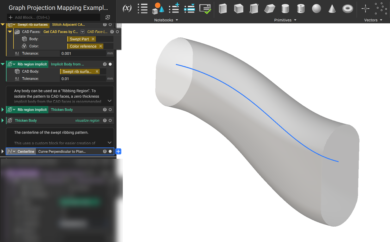 A curve is generated as the Centerline of the tunnel shape. The curve follows the curvature of the tunnel shape.
