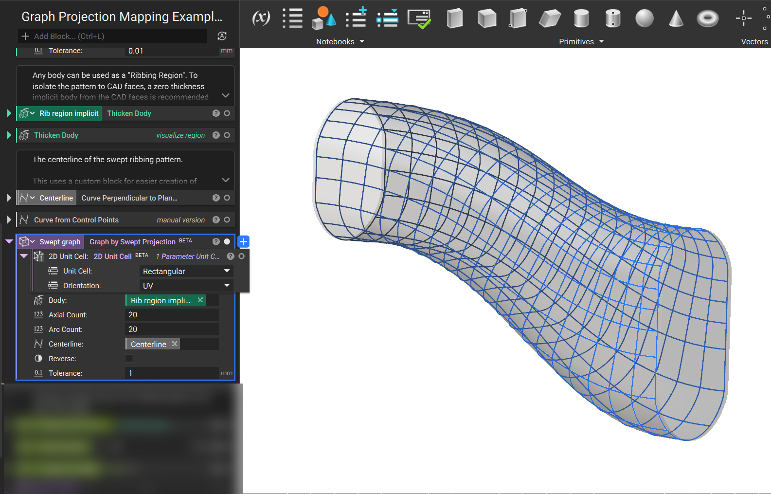 A graph is created on the outside of the tunnel implicit body using the Graph by Swept Projection block.