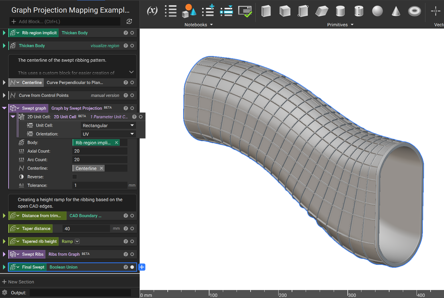 The graph is extruded using the Ribs from Graph block. The final body is created by combining the tunnel implicit body and the ribs.