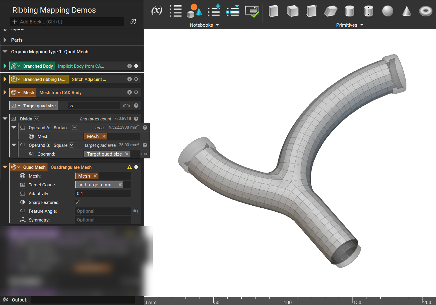 The triangular mesh is then converted to a quad mesh using the Quadrangulate Mesh block.