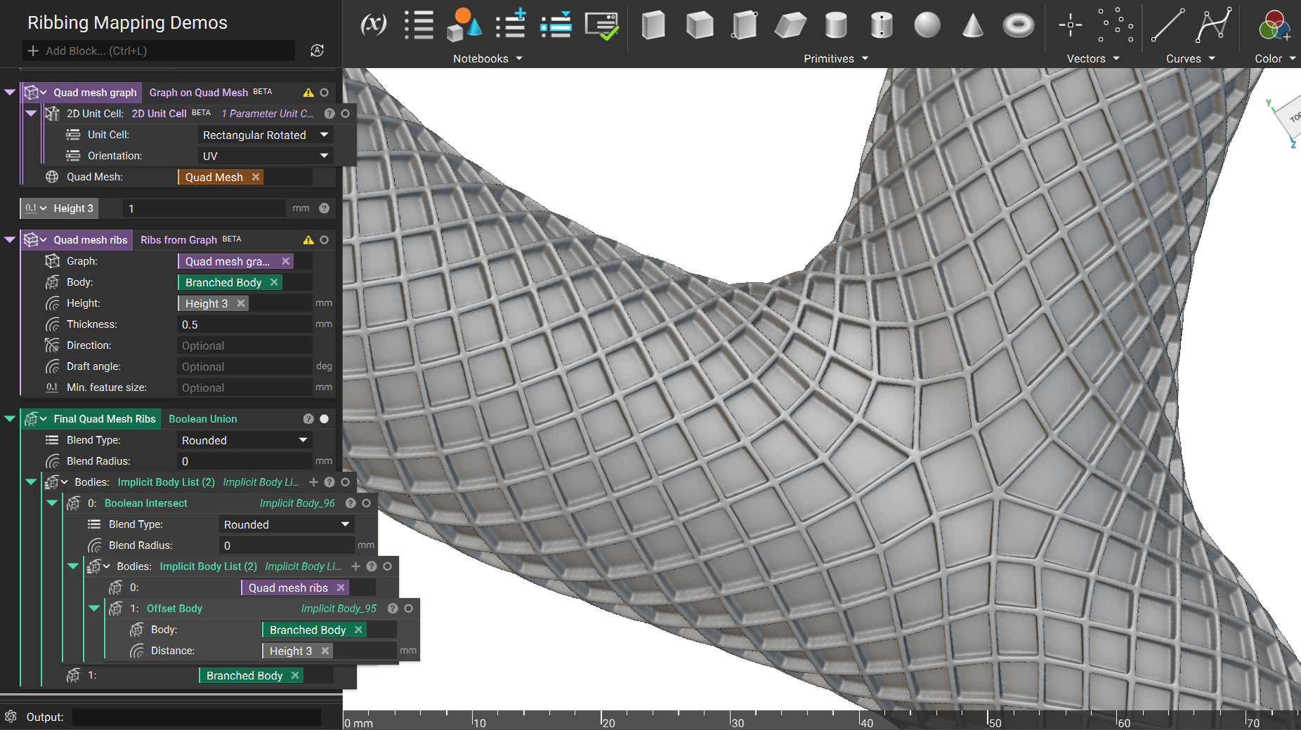 Ribs are created from the graph using the Ribs from Graph block. The Ribs are then combined with the original body using a Boolean Union block.