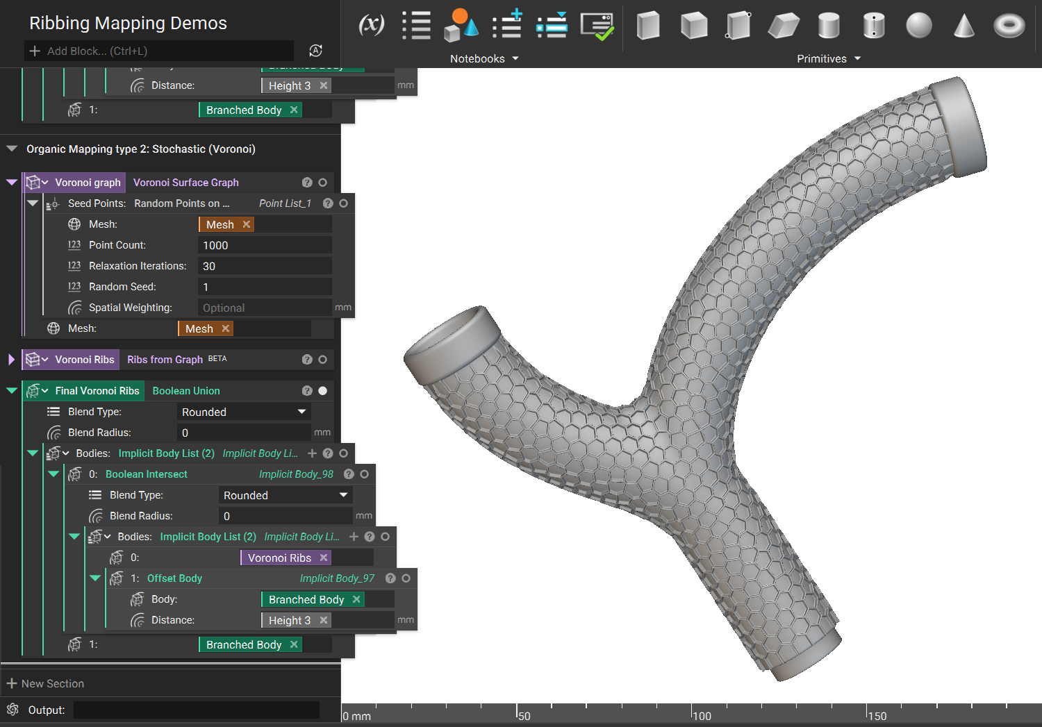 An example of voronoi ribs on an implicit body. The ribs were generated from the Ribs from Graph block. The graph was generated from the Voronoi Surface Graph block.