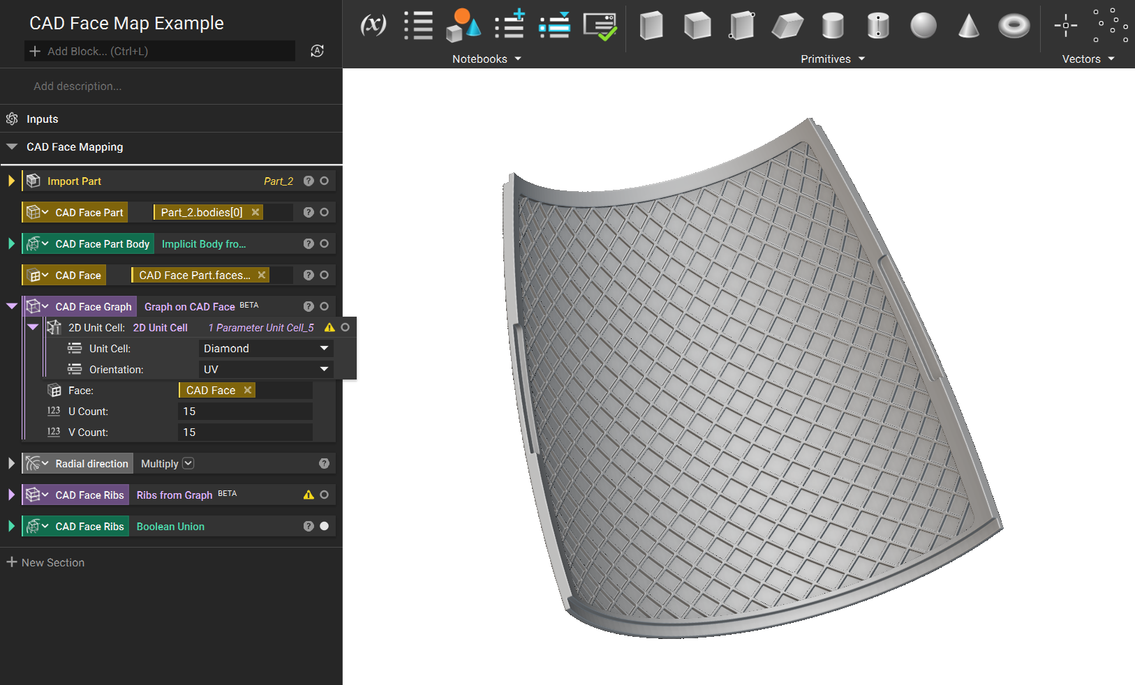 An implicit body with applied ribs. The ribs were generated from the Ribs from Graph block. The graph was generated from the Graph on CAD Face block.