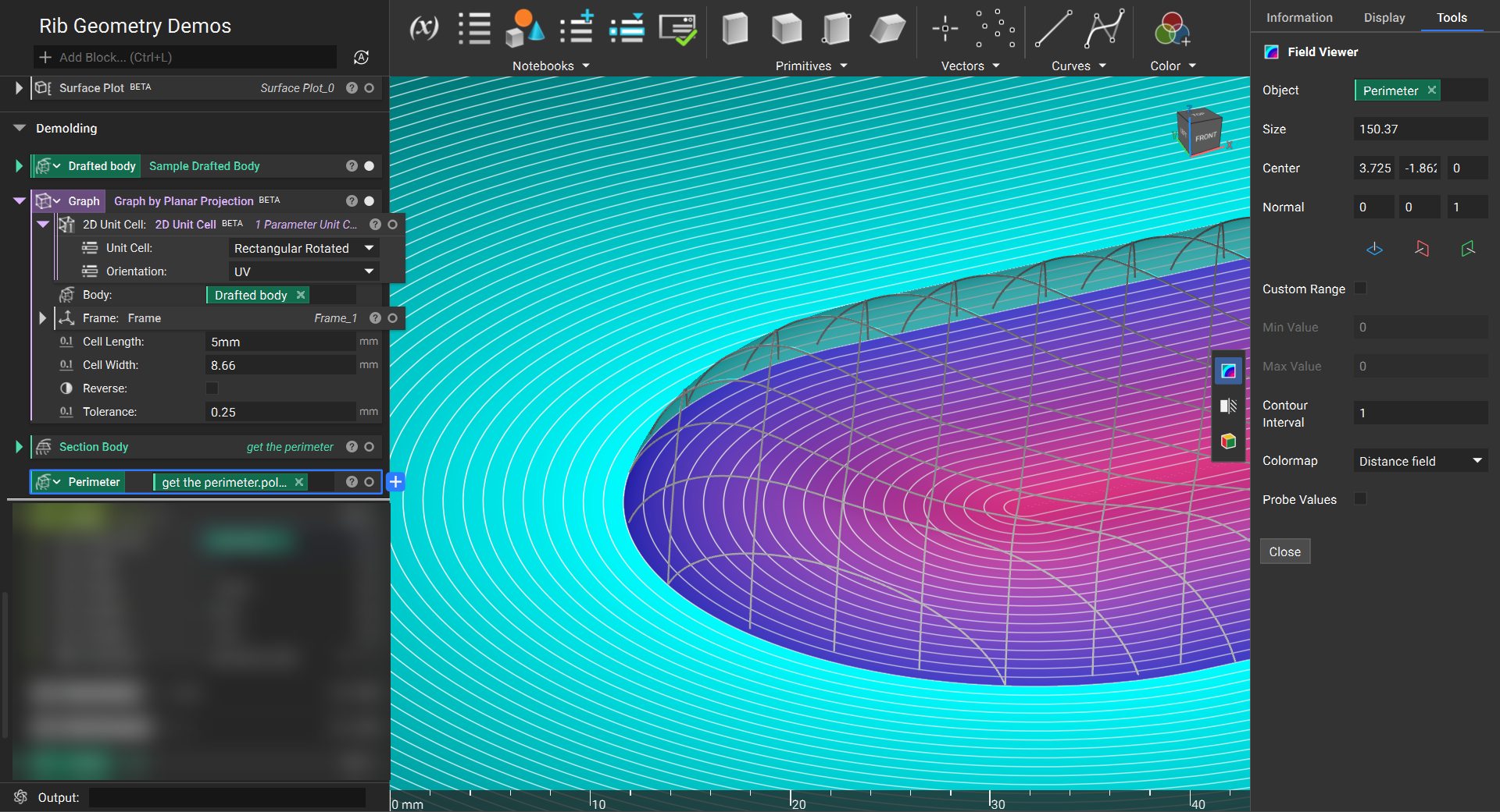 The image shows the implicit body field with the generated graph. To generate the visualized field, a Section Body block was used on the implicit body. Then extract the Body property chip from the Section Body properties panel. This property is located under the Polygon section of the property panel. This will provide a distance field to the boundary.