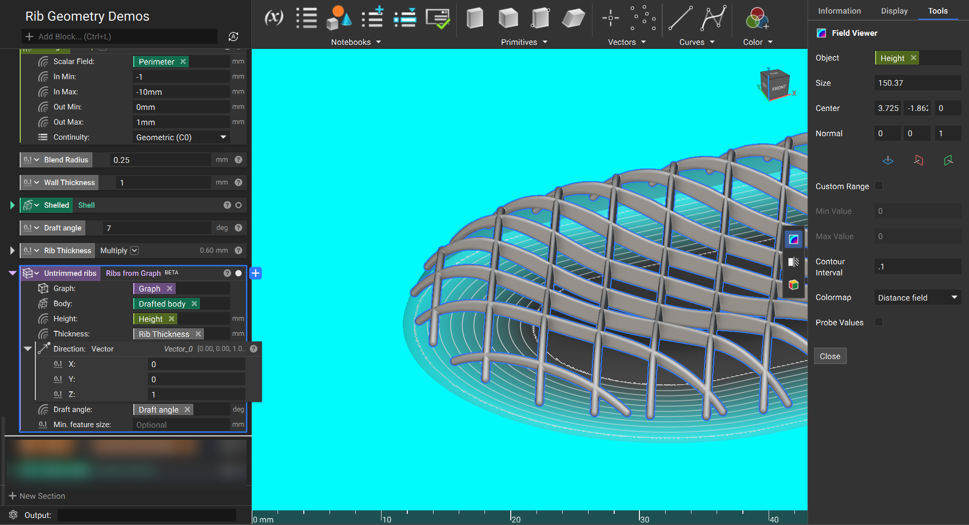 The Ribs from Graph block generating ribs. The rib height uses the ramped scalar field to ensure the ribs taper off towards the perimeter of the implicit body.