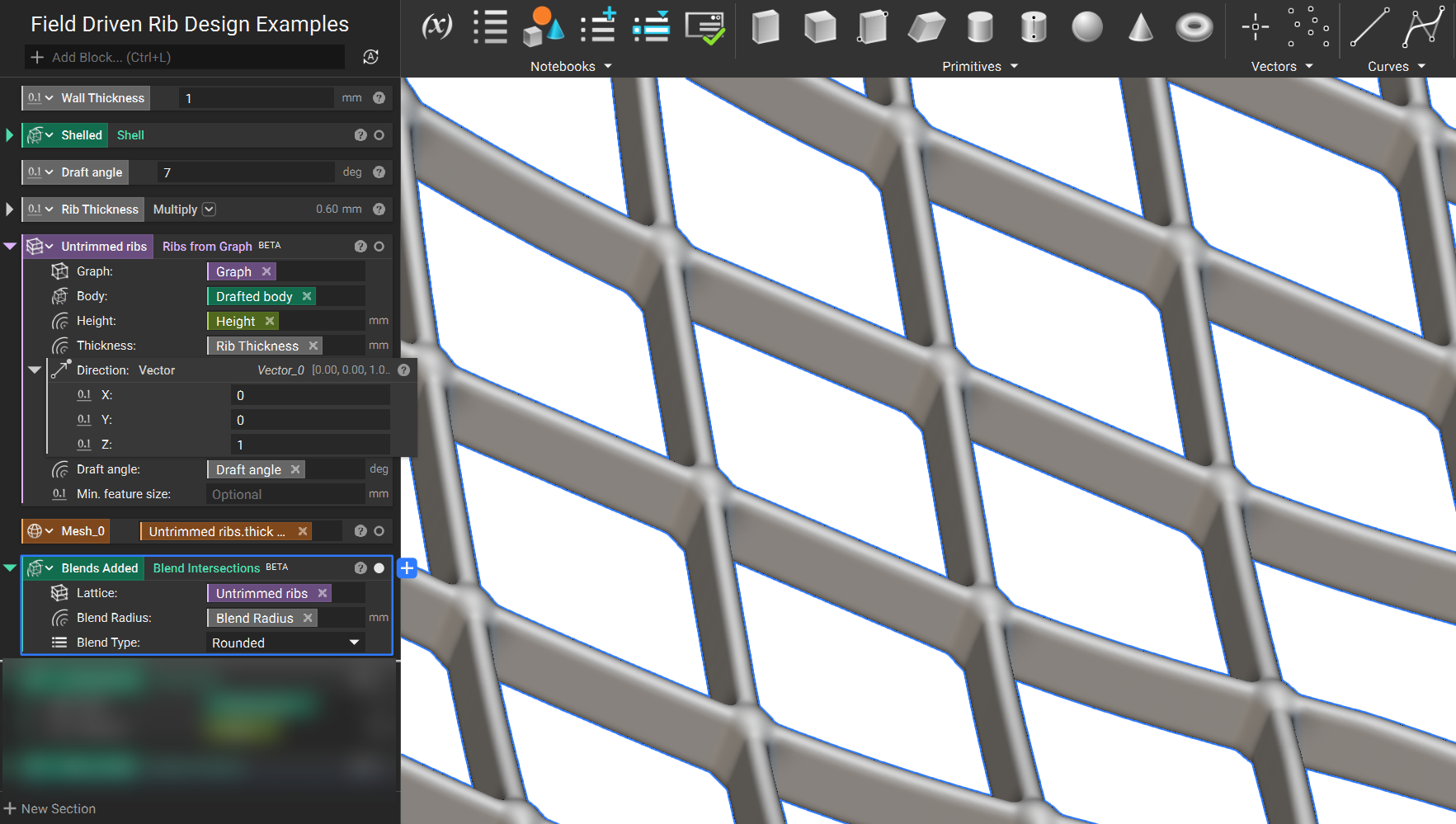 A Blend Intersections block is added to create fillets between the rib beams and vertices.