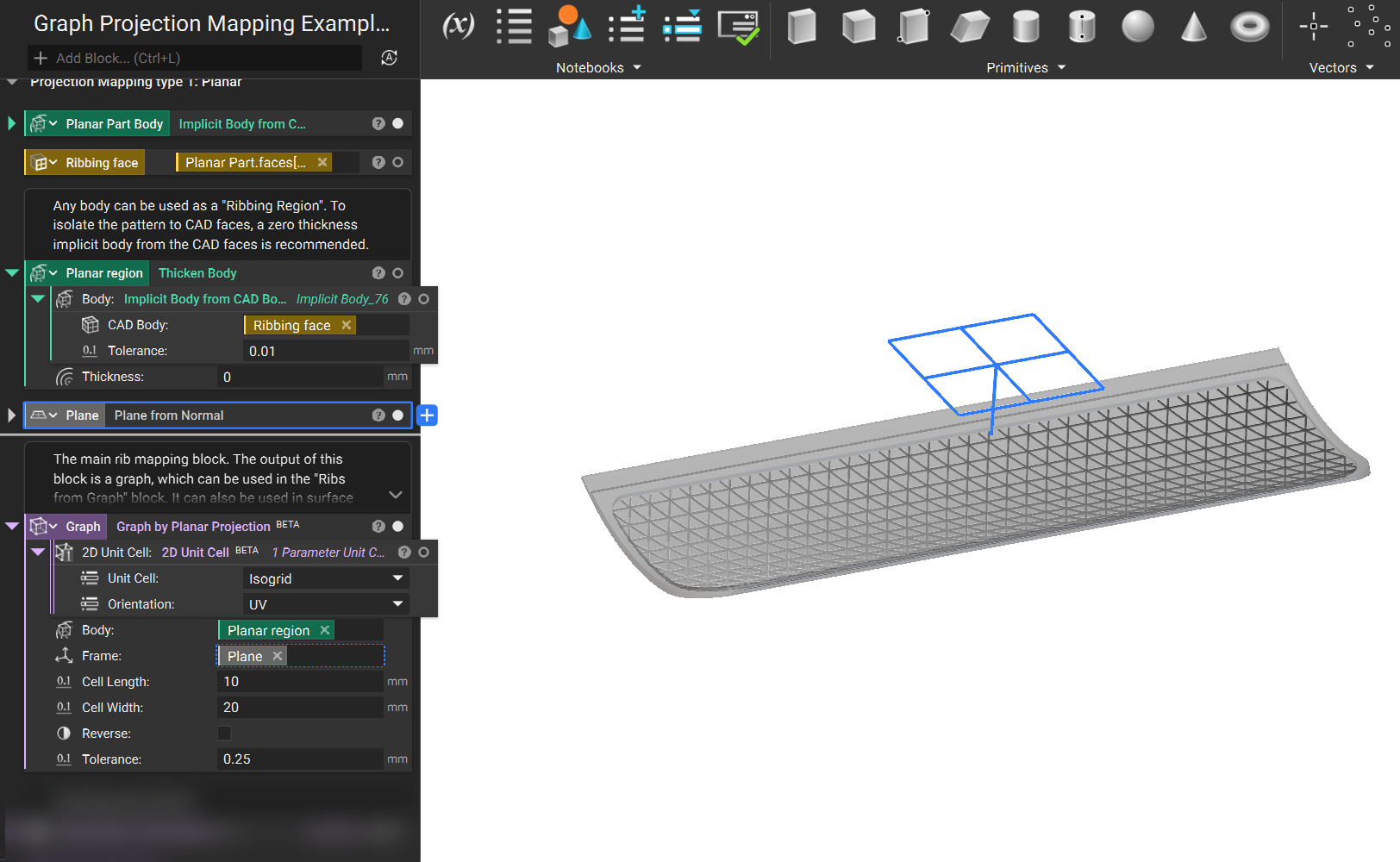 The implicit body with a plane above it. The implicit body has an isogrid graph applied to it using the Graph by Planar Projection block.