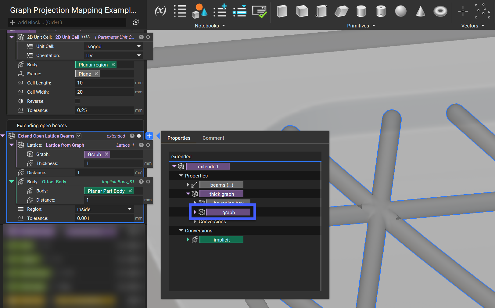 A Lattice from Graph block inside the Extend Open Lattice Beams block. The graph property chip is extracted from the properties panel of the Extend Open Lattice Beams block.