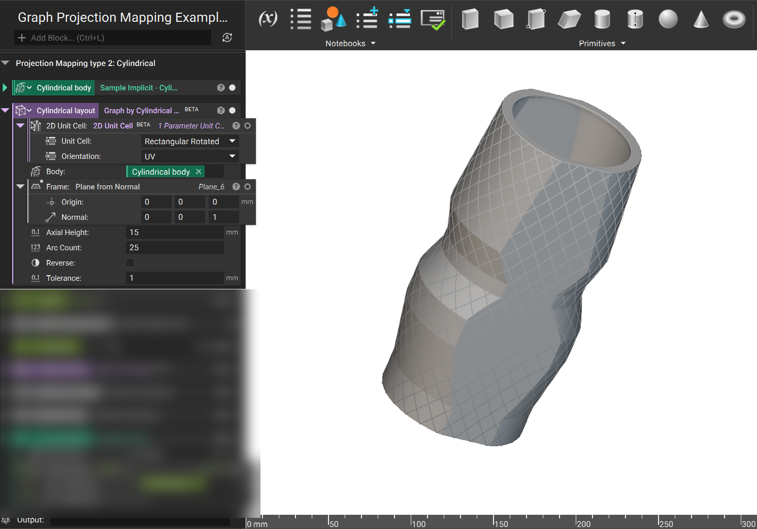 Using the Graph by Cylindrical Projection block generates a graph on the outside face of the implicit body.