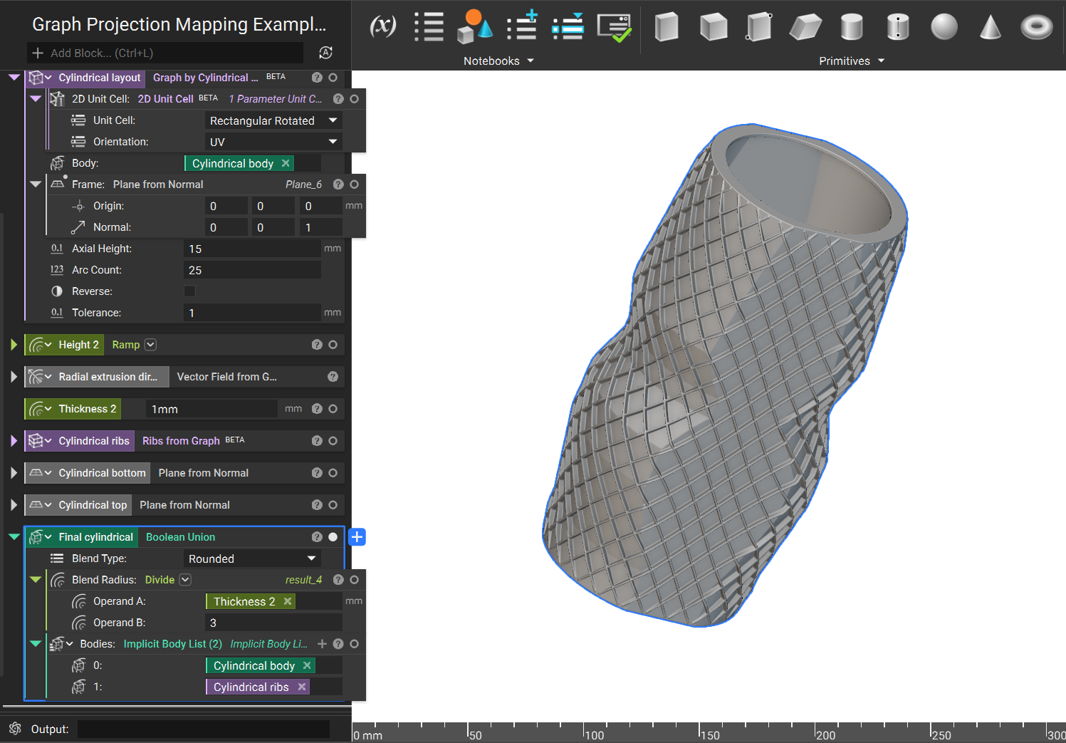 The exterior graph is converted into ribs by extruding them from the surface. The ribs and implicit are combined into a single body using the Boolean Union block.