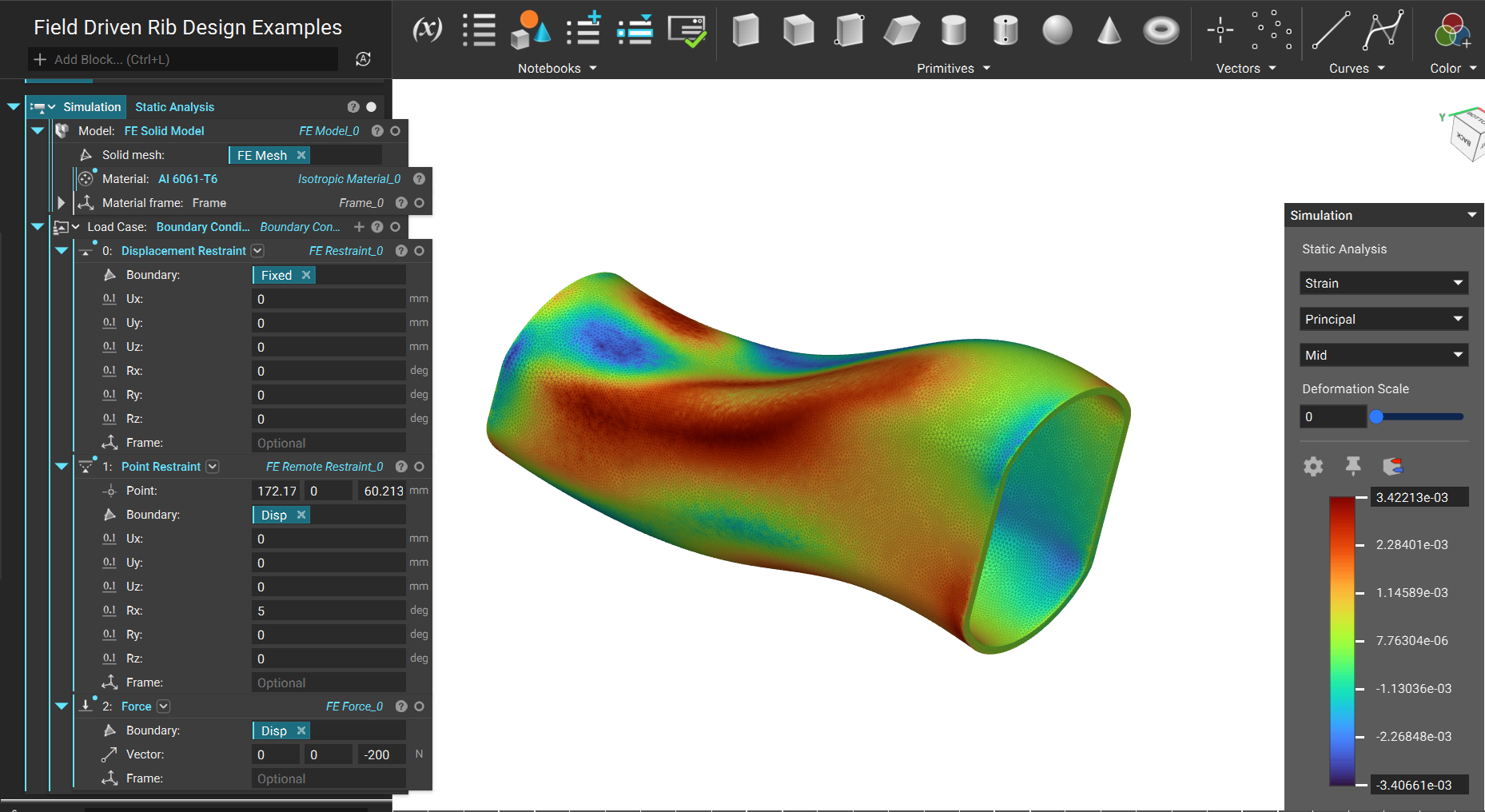 An FE Model with applied simulation results from running a Static Analysis.
