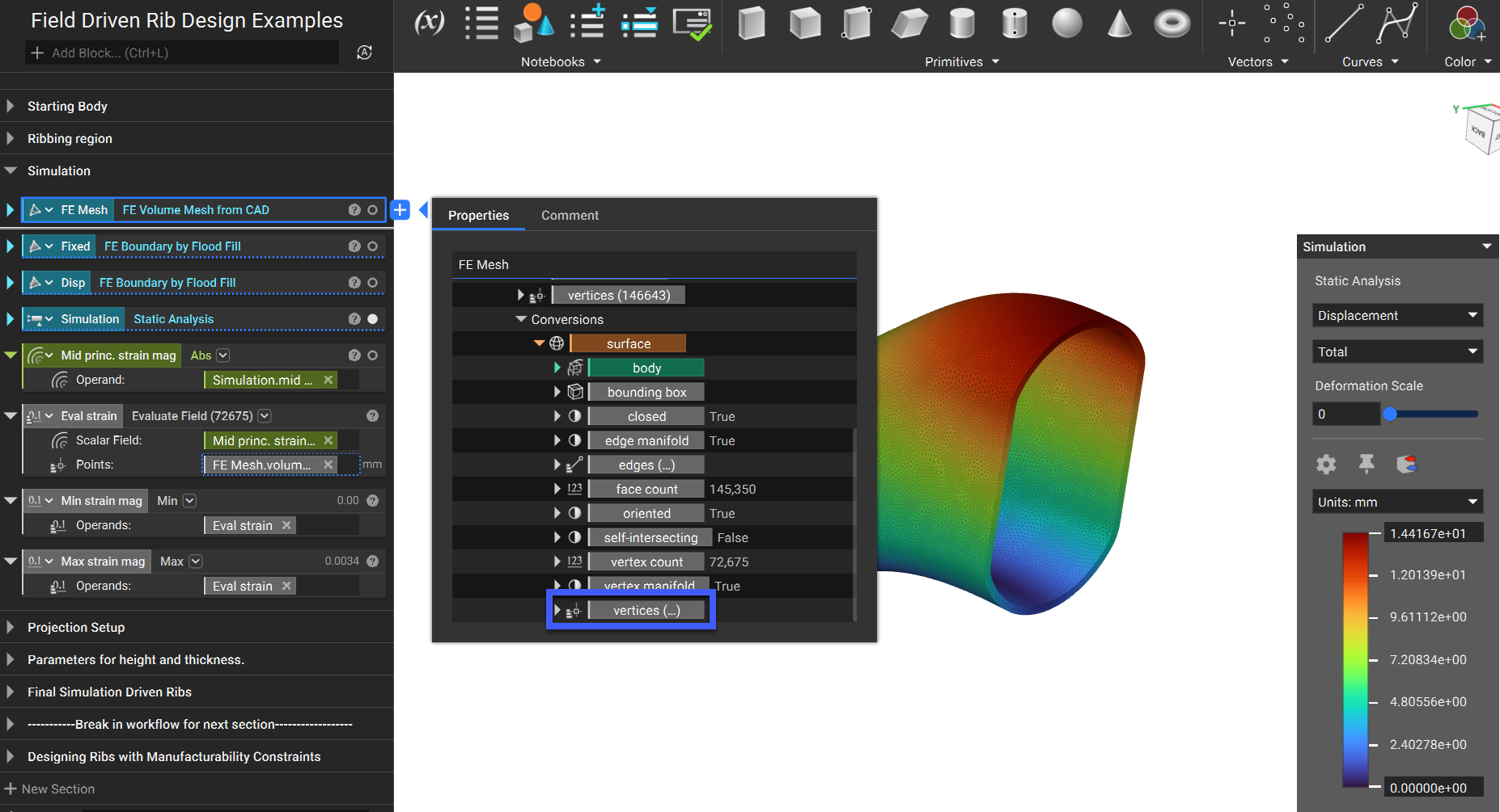 The FE Mesh of the FE Model from the simulation. The properties panel of the FE Mesh is open and the vertices property is highlighted. The strain values from the simulation are inserted into an Evaluate Field block along with the vertices. Then Min and Max blocks are used to determine the minimum and maximum values of the Evaluate Field block.