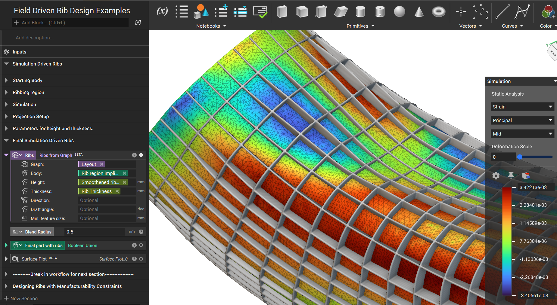Ribs are created using the Ribs from Graph block. The Rib height is generated using the ramped strain field, which results in variable height ribs depending on the simulation results.