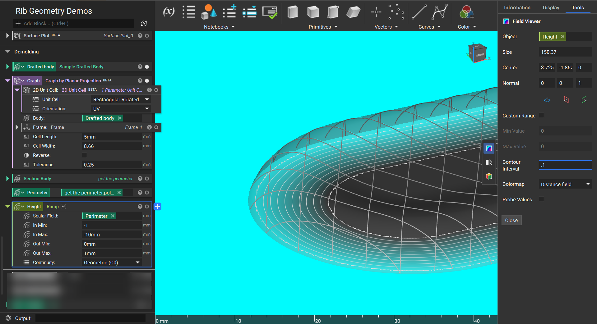 The distance field of the implicit body perimeter is inserted into a Ramp block. The field is modified to define the height of the ribs that will be generated.