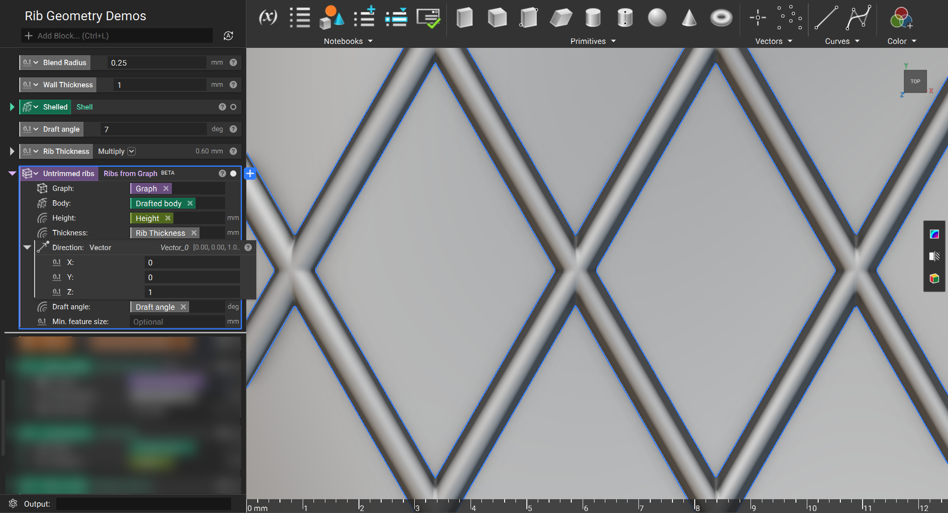An image highlighting the Draft Angle input of the Ribs from Graph block. 