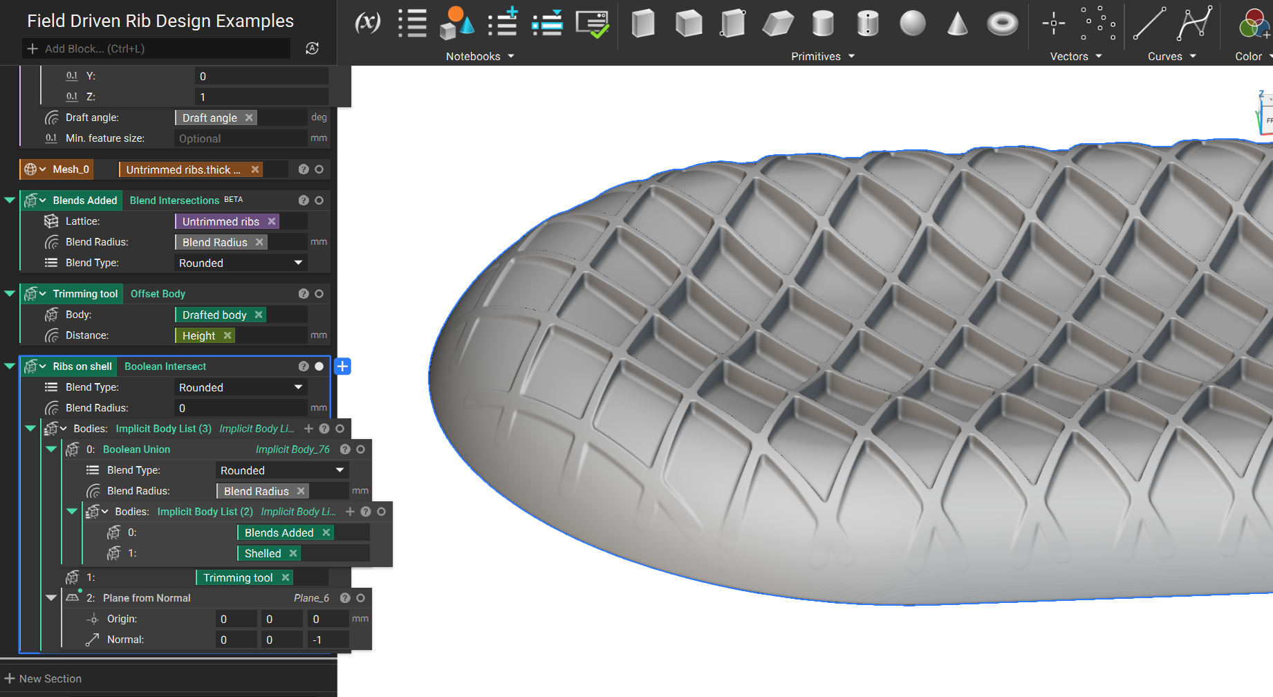 A boolean intersect is applied between the original implicit with ribs and the new offset body.